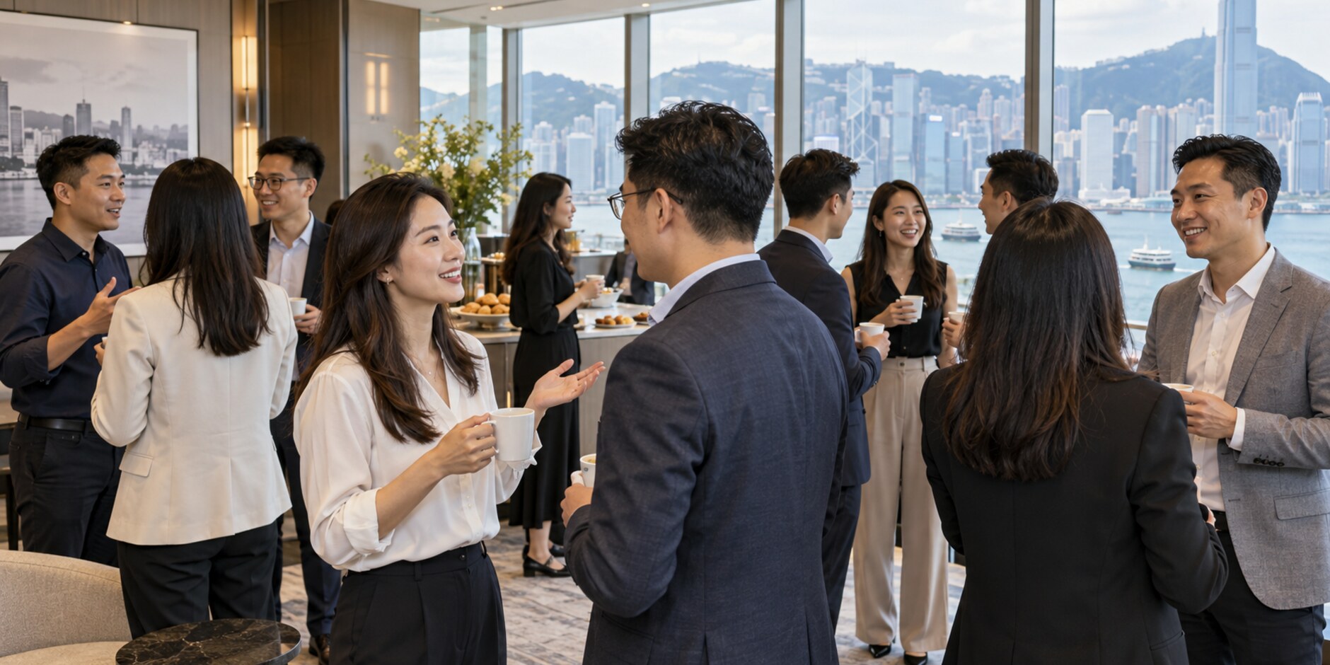 香港商務交流會交談場面的示意圖片